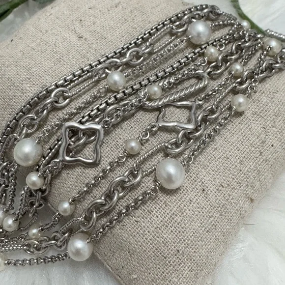 David Yurman Multi Strand Pearl Chain Toggle Bracelet .925